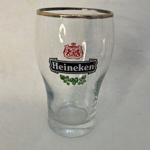Heineken Logo Beer Glass 10 Oz Gold Trimmed 4 3/4 In Tall 2 In Round Bar Beer
